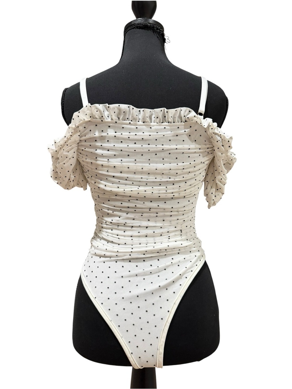 Fashion Nova Polka Dot Ruched Lace Up Ruffle Bodysuit Small - Picture 3 of 5